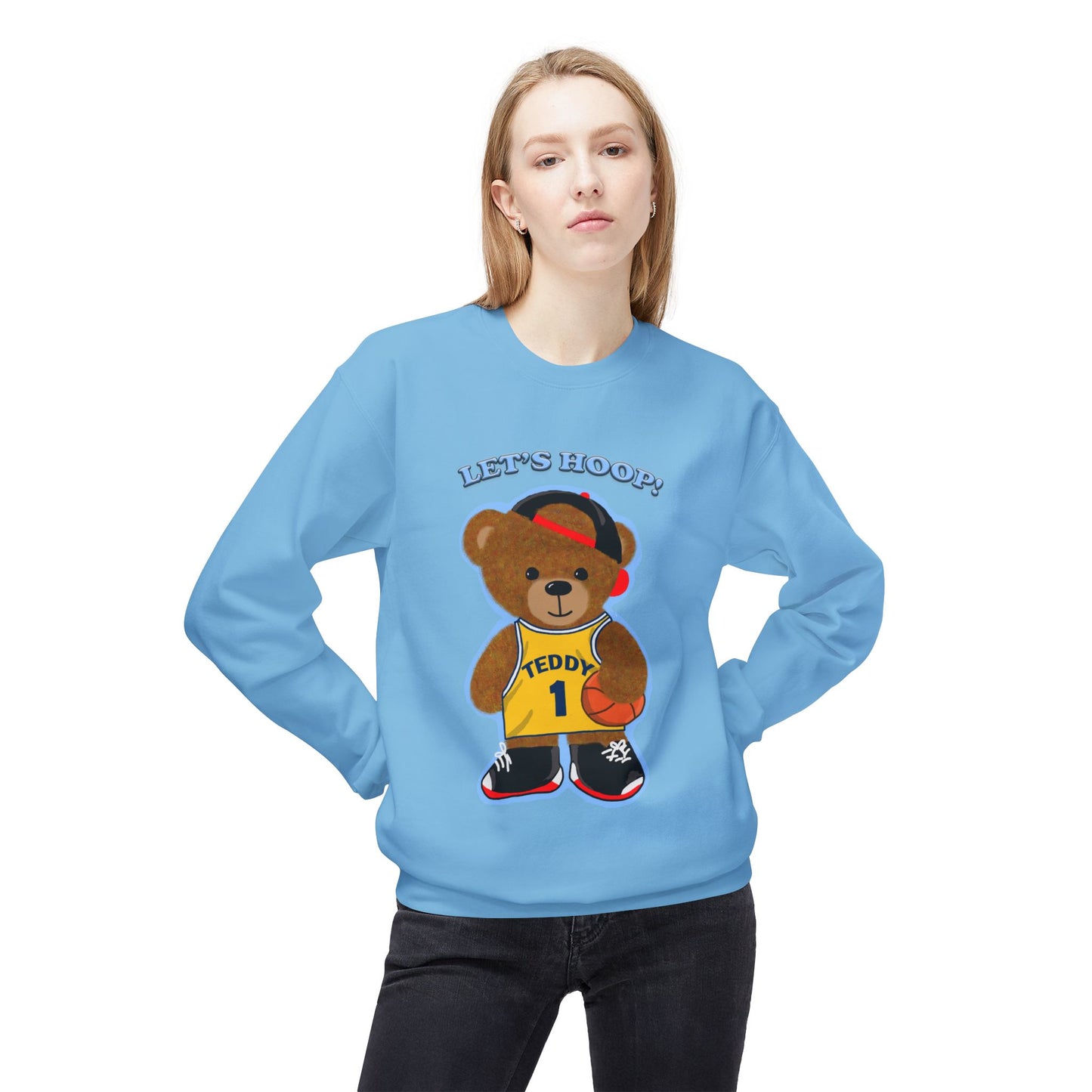 Cute Teddy Bear Basketball Crewneck Sweatshirt, Unisex Retro Fleece Top, Perfect Gift for Sports Lovers, Cozy Layering Piece, Fun Streetwear