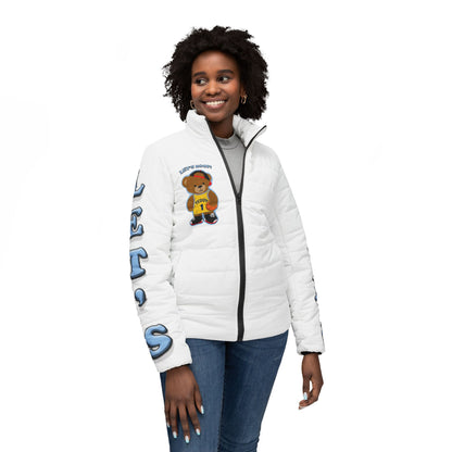 Basketball Bear Women’s Puffer Jacket, Sporty Outerwear, Trendy Winter Coat, Causal Streetwear, Athletic Gift, Note: Cute Graphic Design
