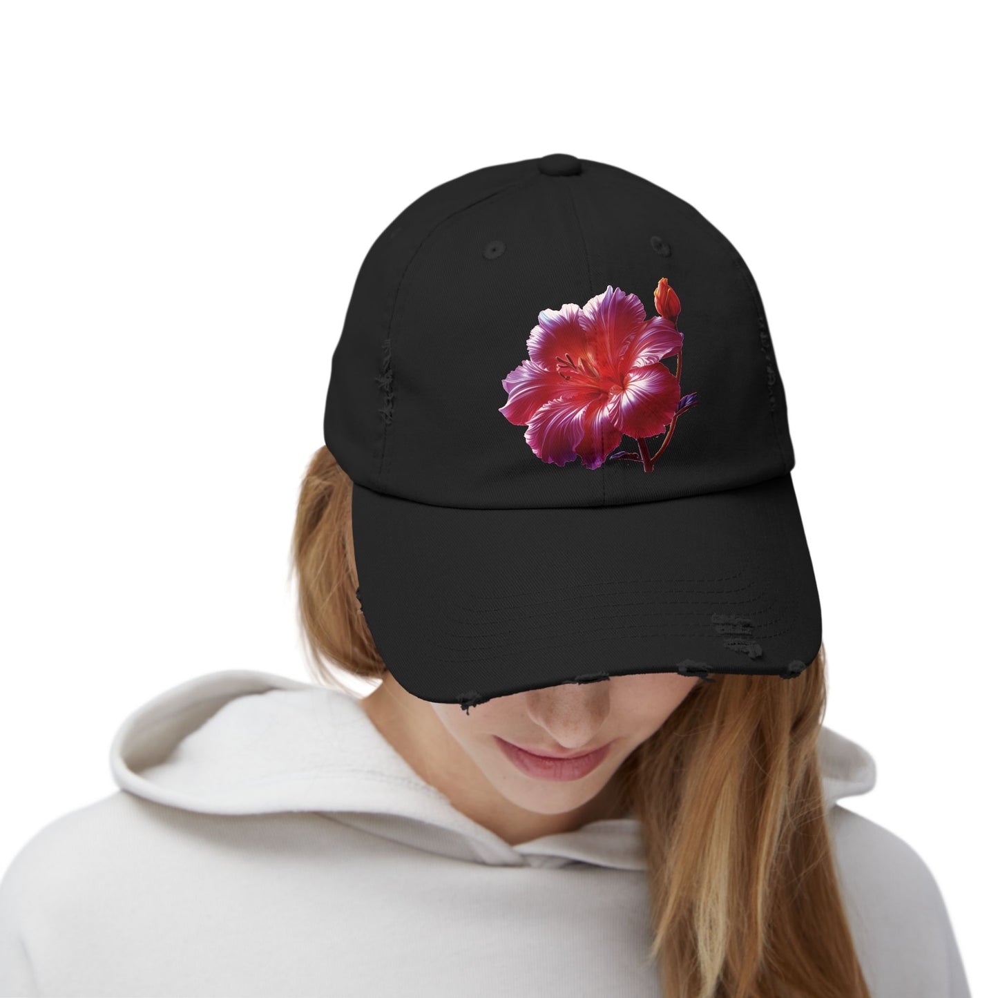 Hibiscus Flower Distressed Cap, Floral Baseball Hat, Trendy Unisex Hat, Summer Accessory, Gift for Garden Lovers, Casual Wear