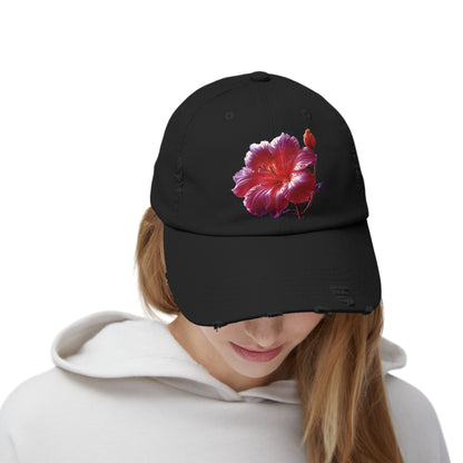 Hibiscus Flower Distressed Cap, Floral Baseball Hat, Trendy Unisex Hat, Summer Accessory, Gift for Garden Lovers, Casual Wear