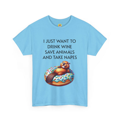 Funny Unisex Heavy Cotton Tee - 'I Just Want to Drink Wine, Save Animals, and Take Naps'