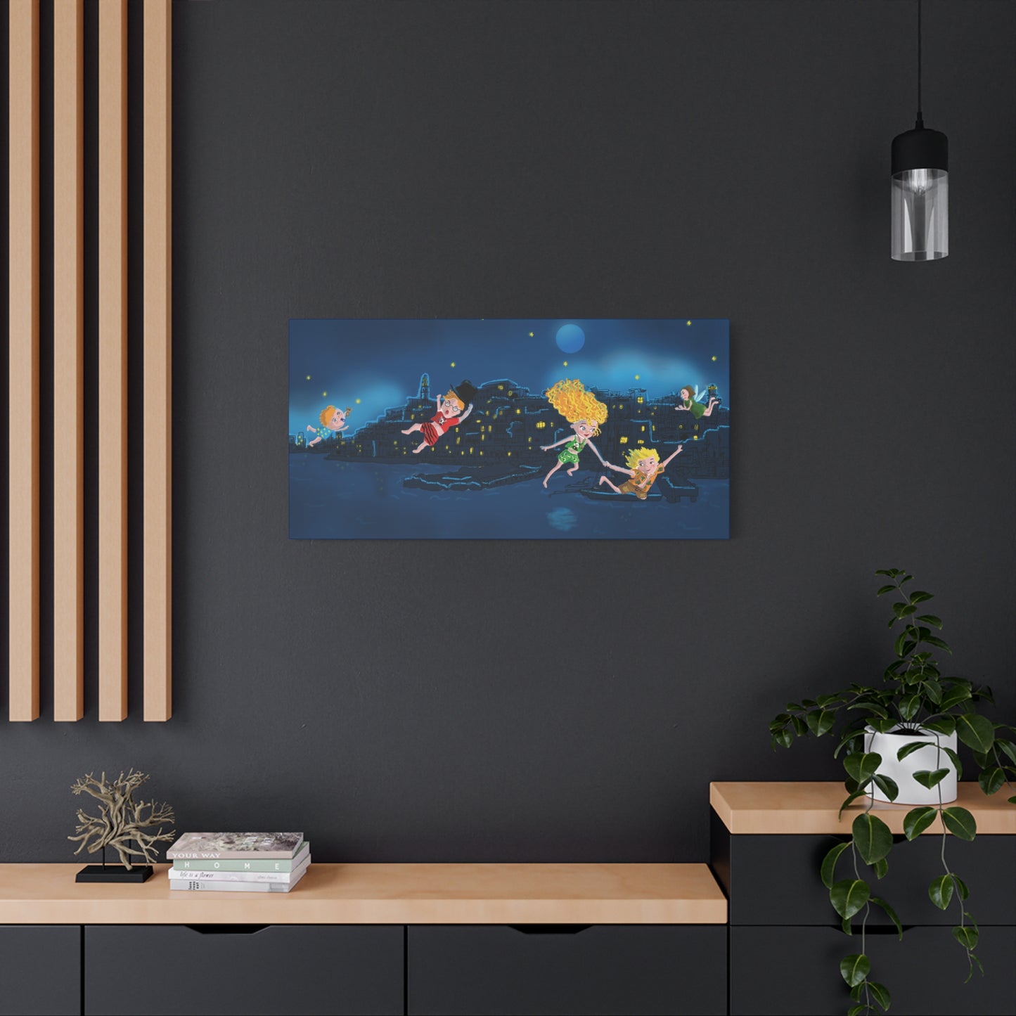 Whimsical Night Sky Canvas Art, Kids' Room Decor, Playful Wall Art, Dreamy Decor for Children, Magical Nighttime Scene