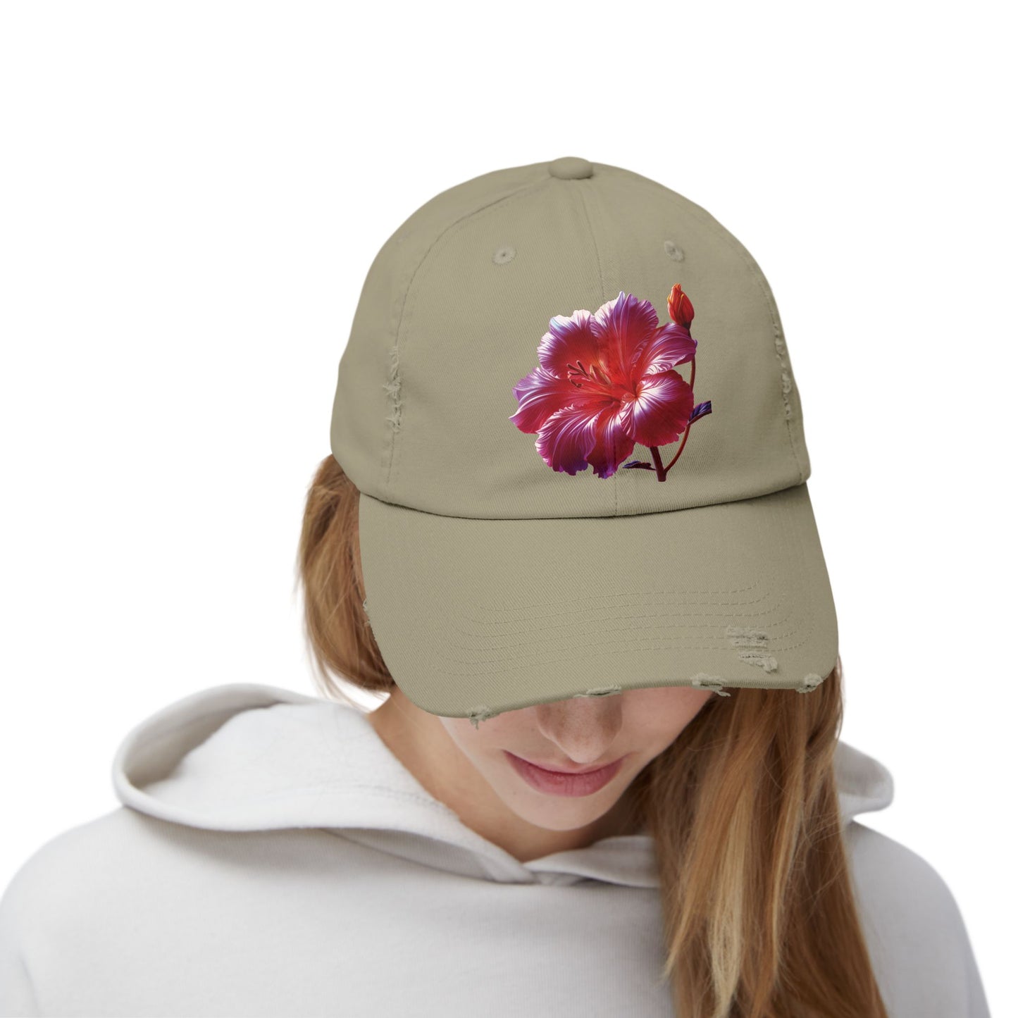 Hibiscus Flower Distressed Cap, Floral Baseball Hat, Trendy Unisex Hat, Summer Accessory, Gift for Garden Lovers, Casual Wear