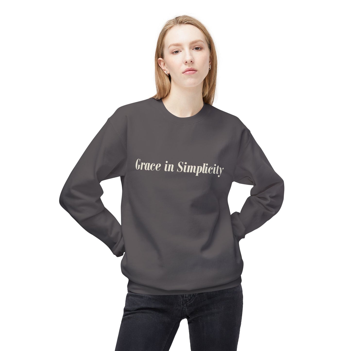 Cozy Quote Crewneck Sweatshirt - "Grace in Simplicity" - Unisex Gift, Casual Wear, Minimalist Style, Cozy Essential, Autumn Layering