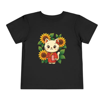Cute Cat Graphic Toddler Tee, Kids Shirt, Summer Outfit, Gift for Toddlers, Floral Tee, Funny Baby Clothes