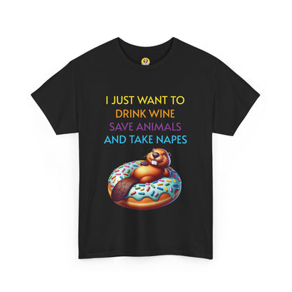 Funny Unisex Heavy Cotton Tee - 'I Just Want to Drink Wine, Save Animals, and Take Naps'