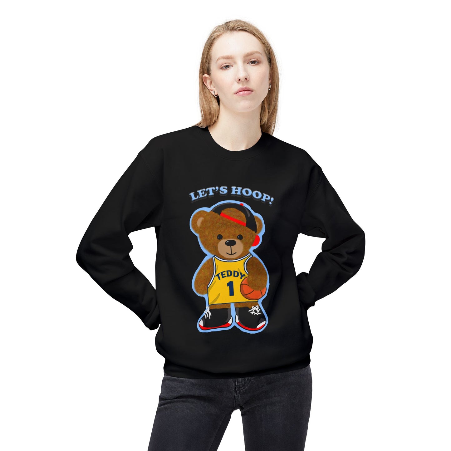 Cute Teddy Bear Basketball Crewneck Sweatshirt, Unisex Retro Fleece Top, Perfect Gift for Sports Lovers, Cozy Layering Piece, Fun Streetwear