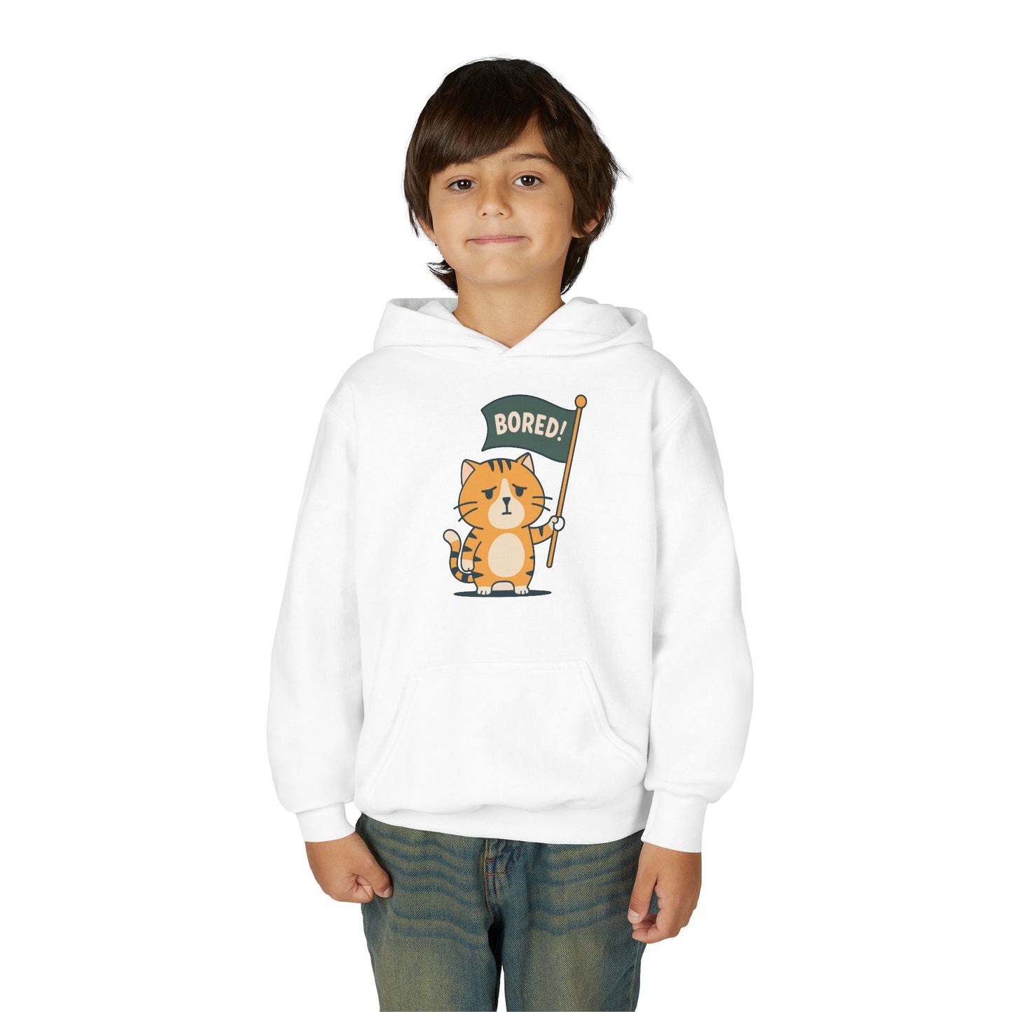 Funny Cat Bored Youth Hoodie, Cute Cat Sweatshirt, Kids Gift, Animal Lover Apparel, Fun Hoodie for Children, Everyday Wear