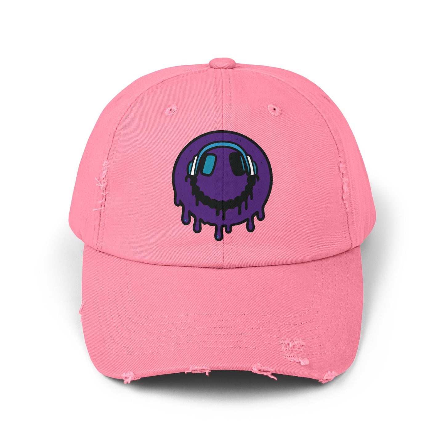 Trendy Unisex Distressed Cap with Dripping Smiley Design, Casual Fashion Hat, Streetwear Accessory, Gift for Music Lovers, Summer Essential