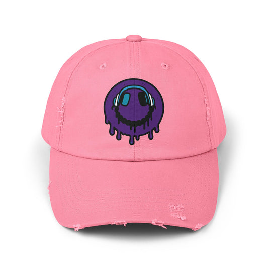 Trendy Unisex Distressed Cap with Dripping Smiley Design, Casual Fashion Hat, Streetwear Accessory, Gift for Music Lovers, Summer Essential