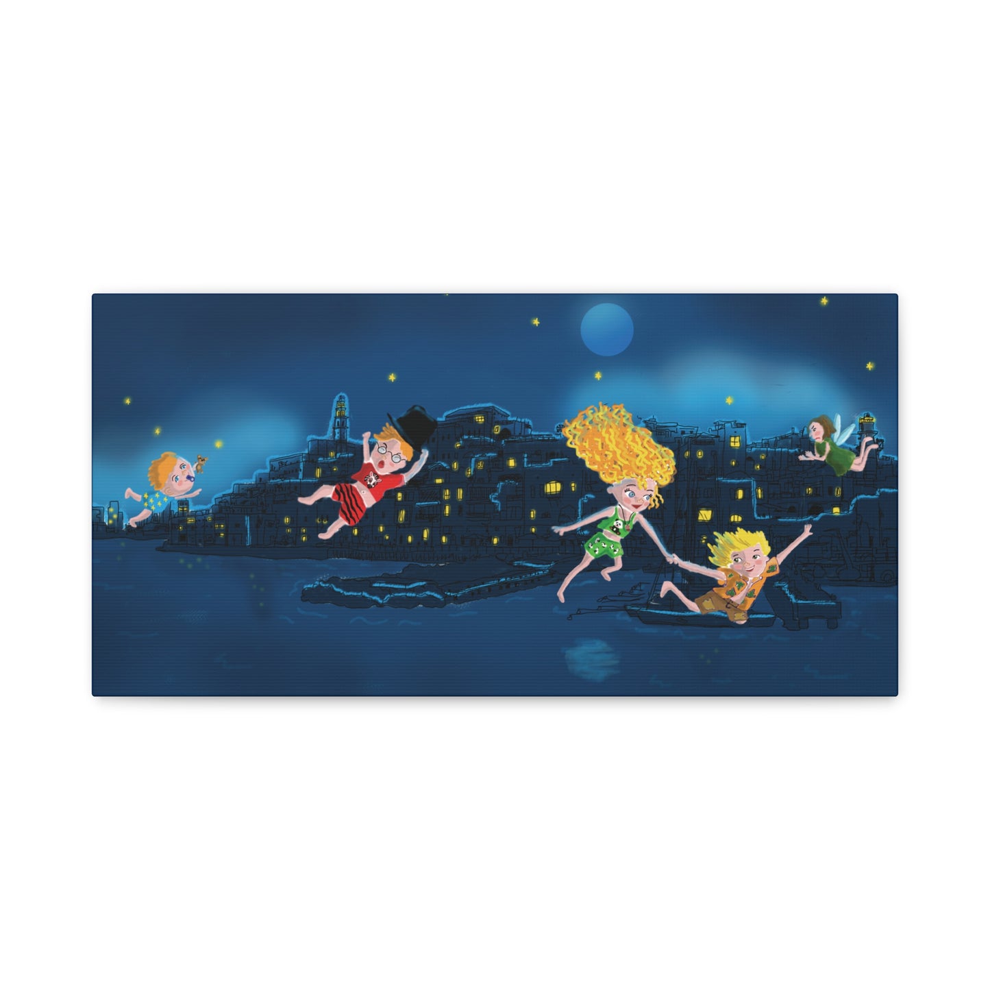 Whimsical Night Sky Canvas Art, Kids' Room Decor, Playful Wall Art, Dreamy Decor for Children, Magical Nighttime Scene