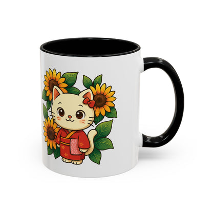 Cute Cat Floral Accent Coffee Mug - Kitty Lover Gift, Tea Cup, Home Decor, Anime Inspired, Coffee Lover Gift