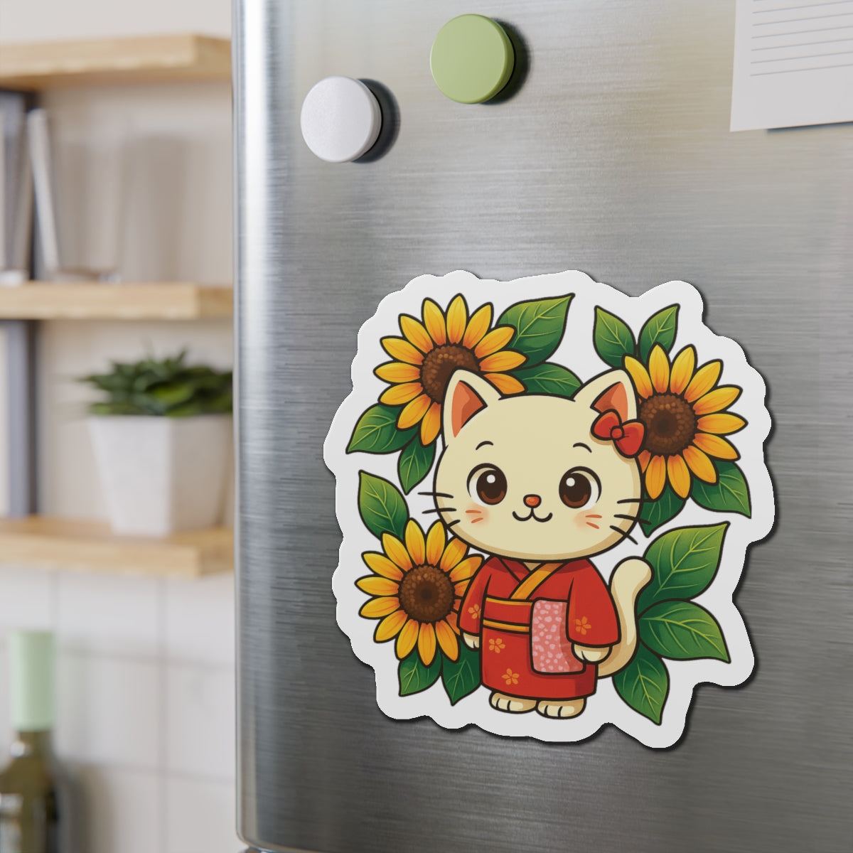 Cute Cat & Sunflower Die-Cut Magnets, Whimsical Kitchen Decor, Gift for Cat Lovers, Fridge Magnet, Spring Decor