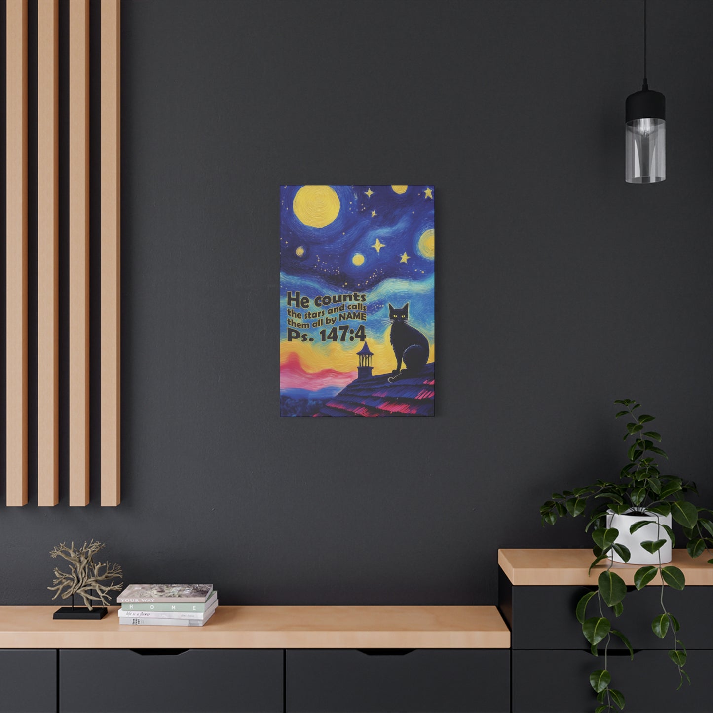 Starry Night Cat Canvas Print, Inspirational Wall Art, Cozy Home Decor, Cat Lover Gift, Psalms 147:4