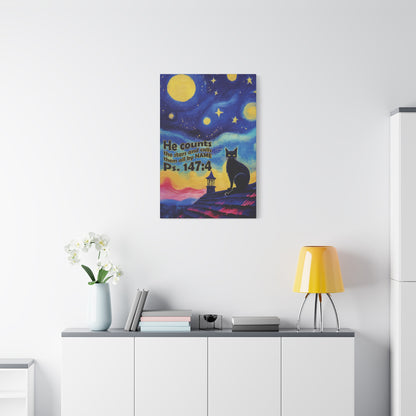 Starry Night Cat Canvas Print, Inspirational Wall Art, Cozy Home Decor, Cat Lover Gift, Psalms 147:4