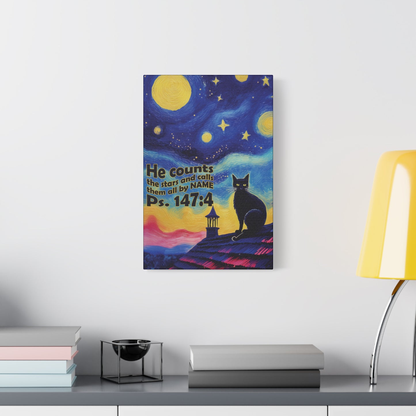 Starry Night Cat Canvas Print, Inspirational Wall Art, Cozy Home Decor, Cat Lover Gift, Psalms 147:4