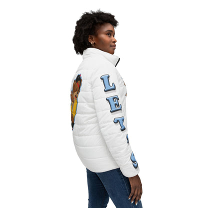 Basketball Bear Women’s Puffer Jacket, Sporty Outerwear, Trendy Winter Coat, Causal Streetwear, Athletic Gift, Note: Cute Graphic Design