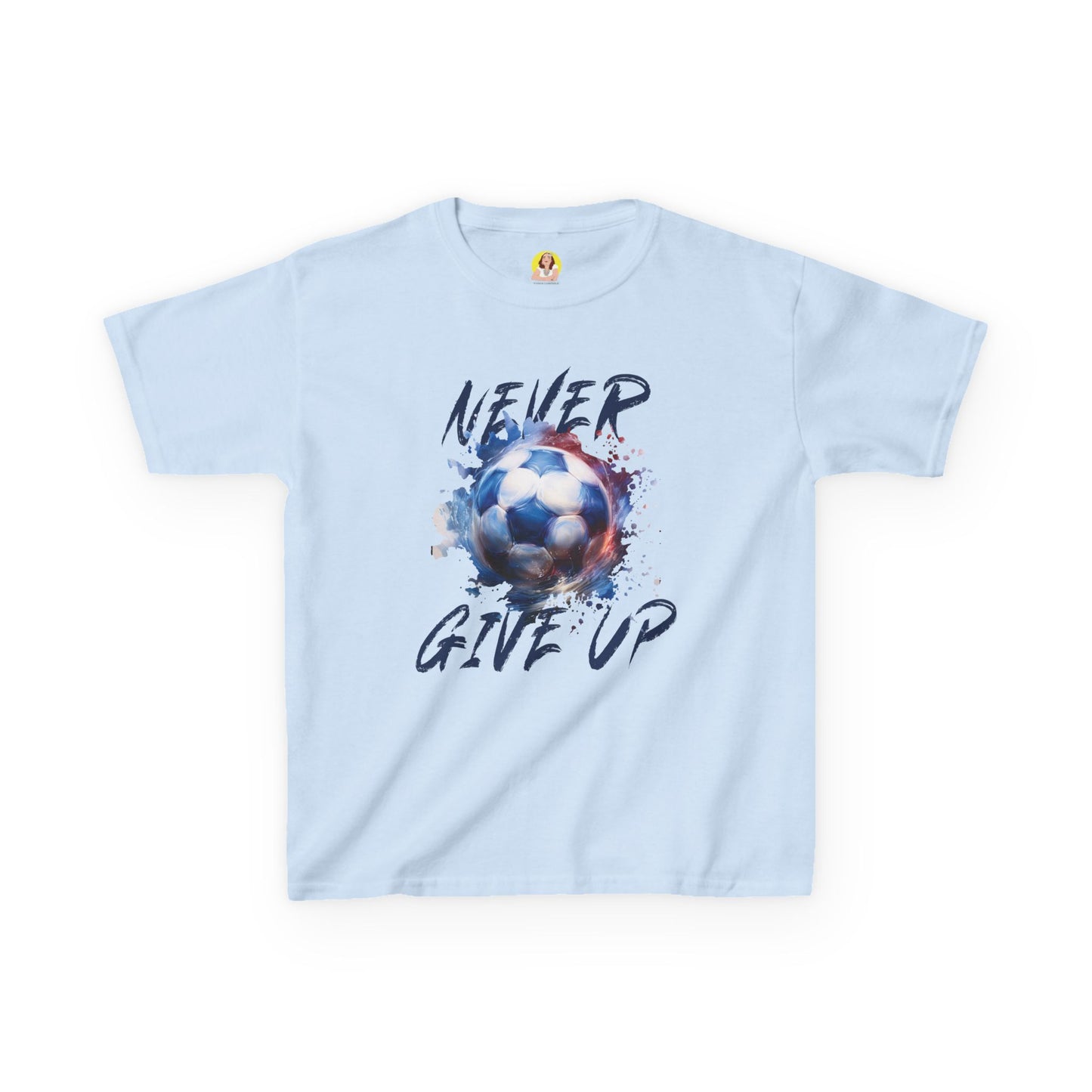 Soccer Motivation Tee - Never Give Up, Kids Heavy Cotton T-Shirt, Sports Shirt, Gift for Young Athletes, Birthday Present, Team Apparel