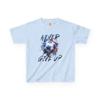 Soccer Motivation Tee - Never Give Up, Kids Heavy Cotton T-Shirt, Sports Shirt, Gift for Young Athletes, Birthday Present, Team Apparel
