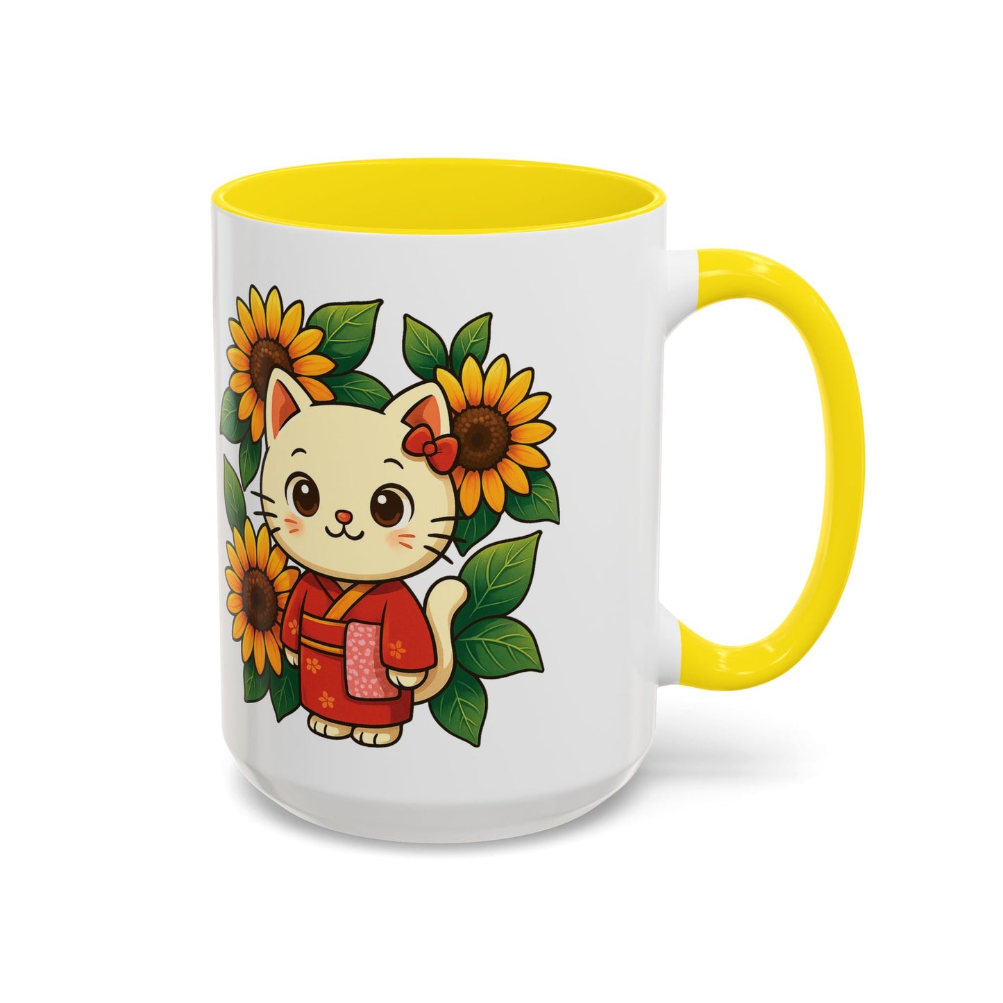 Cute Cat Floral Accent Coffee Mug - Kitty Lover Gift, Tea Cup, Home Decor, Anime Inspired, Coffee Lover Gift