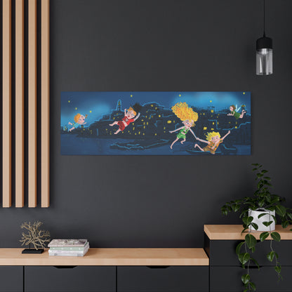 Whimsical Night Sky Canvas Art, Kids' Room Decor, Playful Wall Art, Dreamy Decor for Children, Magical Nighttime Scene