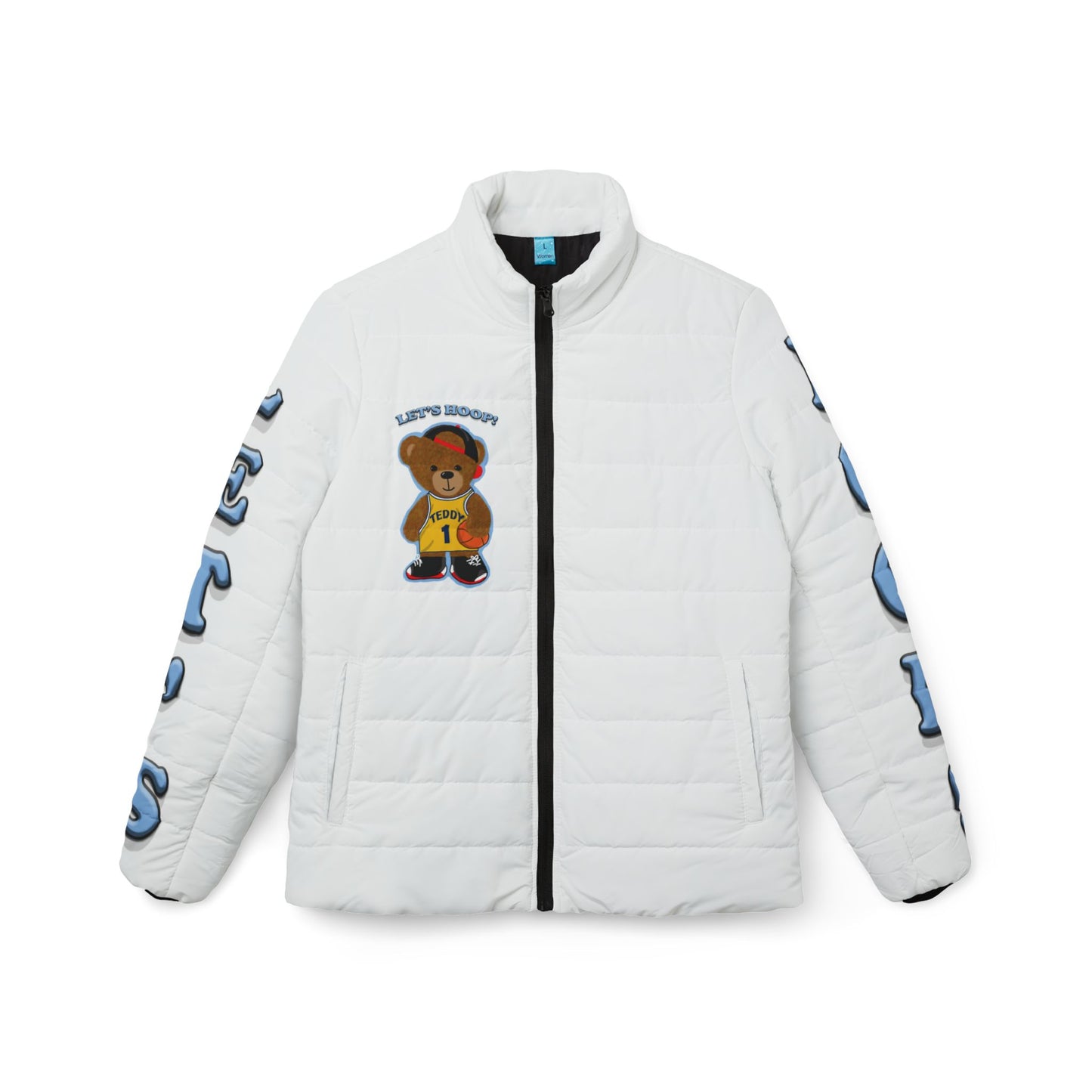 Basketball Bear Women’s Puffer Jacket, Sporty Outerwear, Trendy Winter Coat, Causal Streetwear, Athletic Gift, Note: Cute Graphic Design