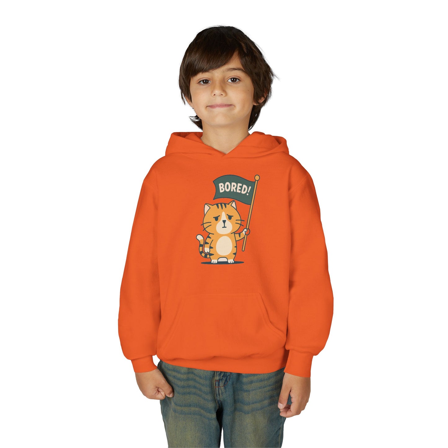 Funny Cat Bored Youth Hoodie, Cute Cat Sweatshirt, Kids Gift, Animal Lover Apparel, Fun Hoodie for Children, Everyday Wear