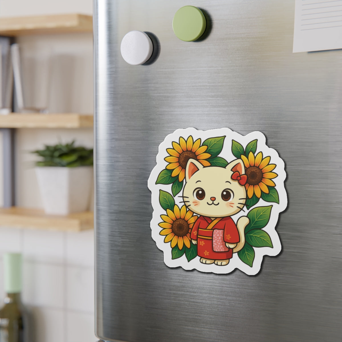Cute Cat & Sunflower Die-Cut Magnets, Whimsical Kitchen Decor, Gift for Cat Lovers, Fridge Magnet, Spring Decor