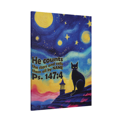 Starry Night Cat Canvas Print, Inspirational Wall Art, Cozy Home Decor, Cat Lover Gift, Psalms 147:4