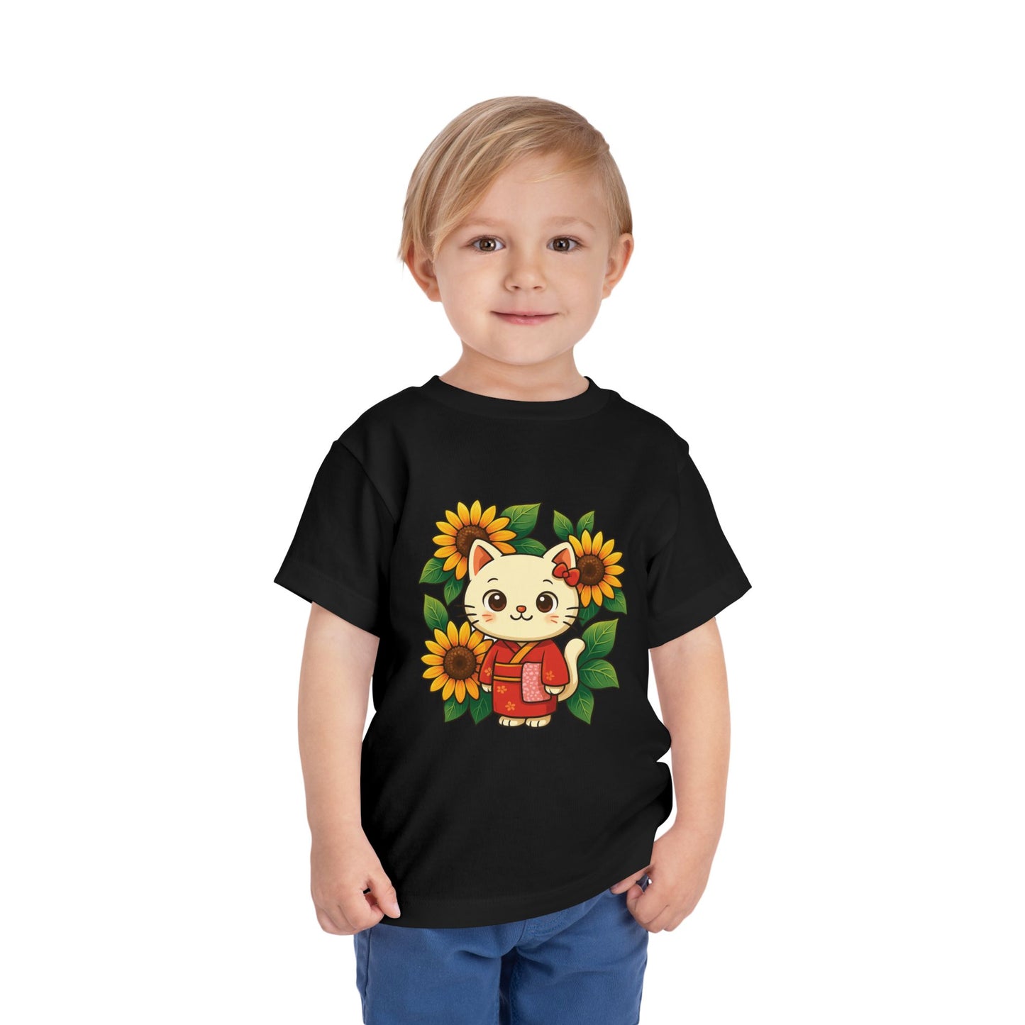 Cute Cat Graphic Toddler Tee, Kids Shirt, Summer Outfit, Gift for Toddlers, Floral Tee, Funny Baby Clothes