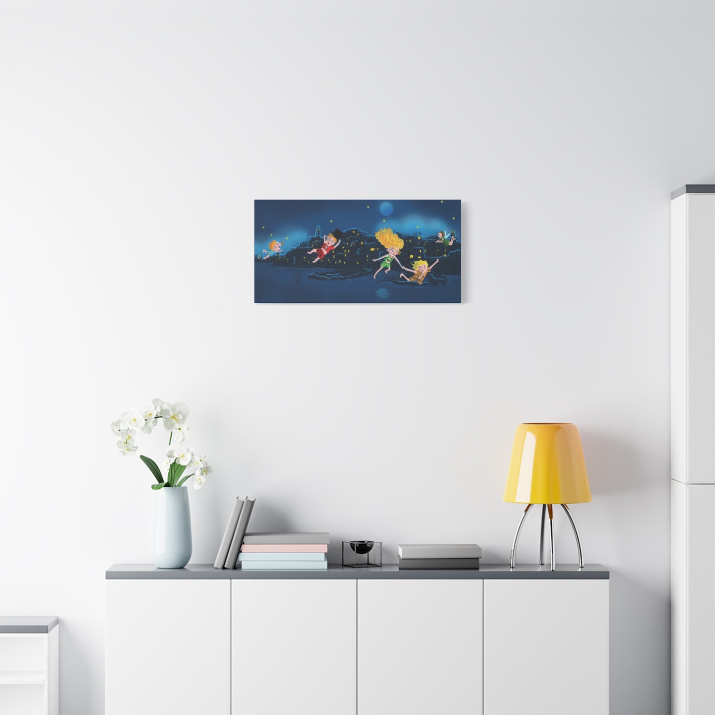 Whimsical Night Sky Canvas Art, Kids' Room Decor, Playful Wall Art, Dreamy Decor for Children, Magical Nighttime Scene