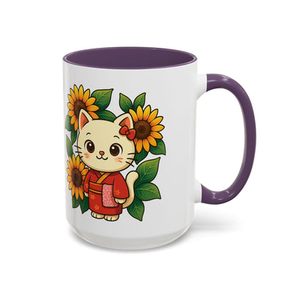 Cute Cat Floral Accent Coffee Mug - Kitty Lover Gift, Tea Cup, Home Decor, Anime Inspired, Coffee Lover Gift