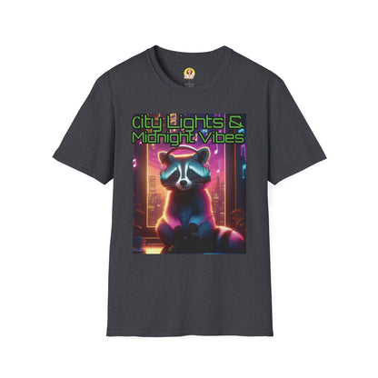 Nighttime Vibes Tee - Raccoon Design, Unisex Softstyle T-Shirt, Graphic Tee, City Lights Apparel, Urban Wear, Gift for Nature Lovers