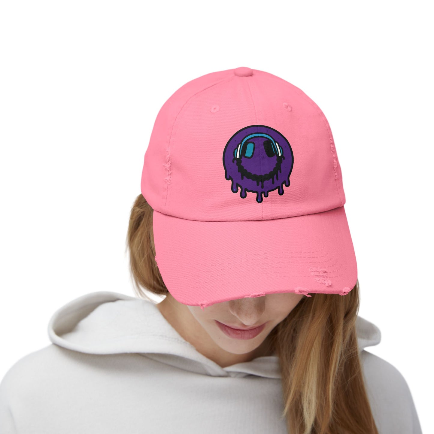 Trendy Unisex Distressed Cap with Dripping Smiley Design, Casual Fashion Hat, Streetwear Accessory, Gift for Music Lovers, Summer Essential
