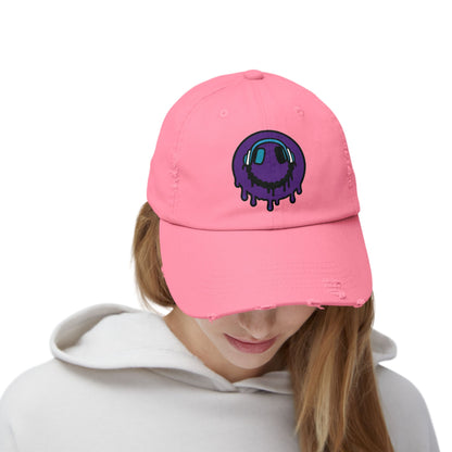 Trendy Unisex Distressed Cap with Dripping Smiley Design, Casual Fashion Hat, Streetwear Accessory, Gift for Music Lovers, Summer Essential