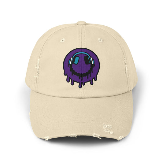 Trendy Unisex Distressed Cap with Dripping Smiley Design, Casual Fashion Hat, Streetwear Accessory, Gift for Music Lovers, Summer Essential