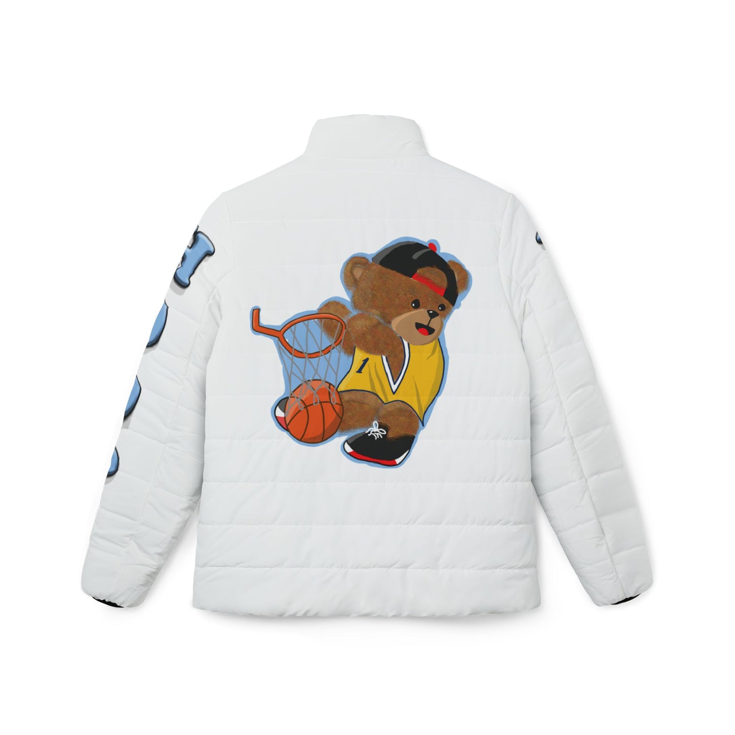 Basketball Bear Women’s Puffer Jacket, Sporty Outerwear, Trendy Winter Coat, Causal Streetwear, Athletic Gift, Note: Cute Graphic Design