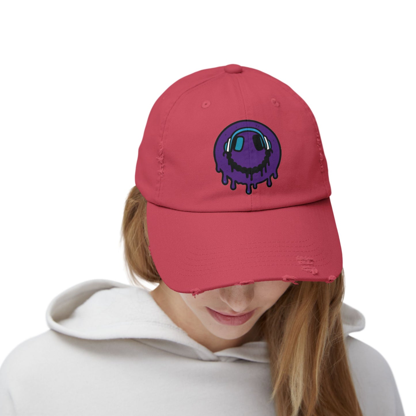 Trendy Unisex Distressed Cap with Dripping Smiley Design, Casual Fashion Hat, Streetwear Accessory, Gift for Music Lovers, Summer Essential