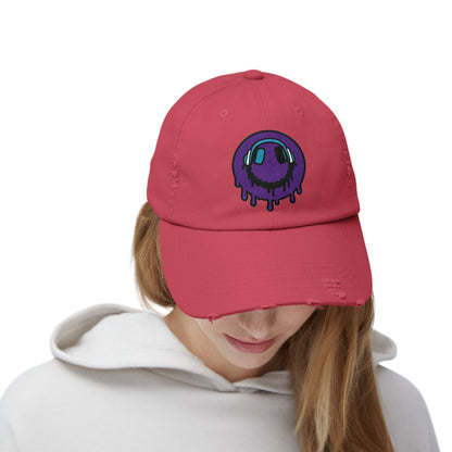 Trendy Unisex Distressed Cap with Dripping Smiley Design, Casual Fashion Hat, Streetwear Accessory, Gift for Music Lovers, Summer Essential