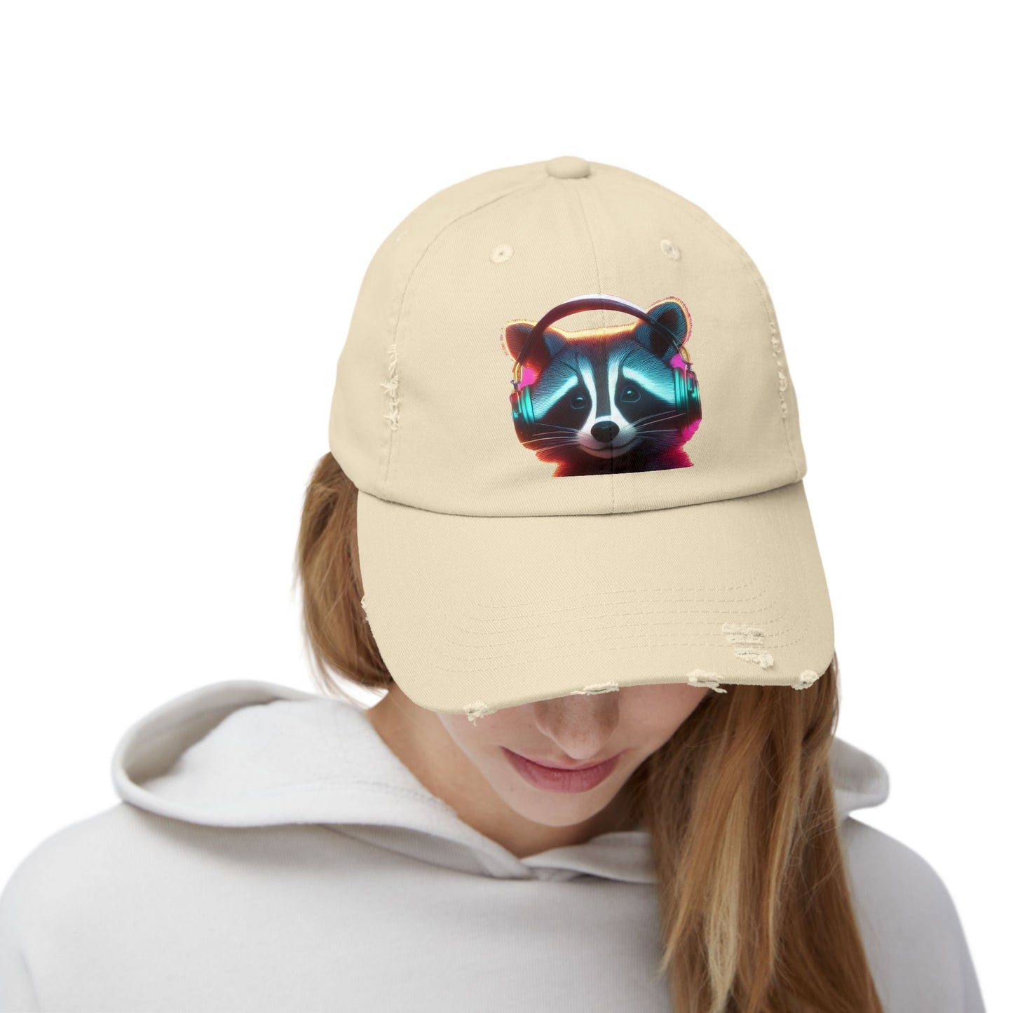 Cool Raccoon Distressed Cap | Trendy Unisex Snapback | Fun Outing Gear | Gift for Animal Lovers, Music Fans, Casual Wear