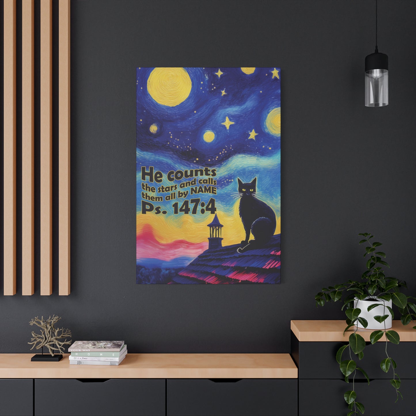 Starry Night Cat Canvas Print, Inspirational Wall Art, Cozy Home Decor, Cat Lover Gift, Psalms 147:4