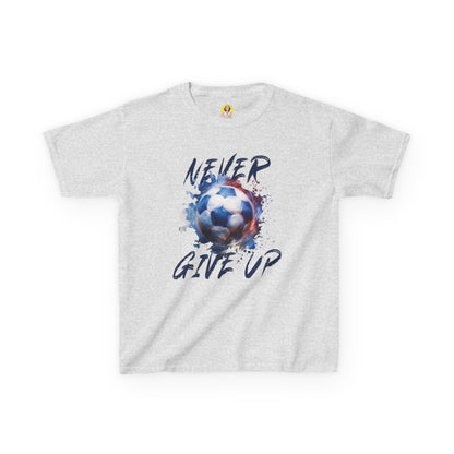 Soccer Motivation Tee - Never Give Up, Kids Heavy Cotton T-Shirt, Sports Shirt, Gift for Young Athletes, Birthday Present, Team Apparel