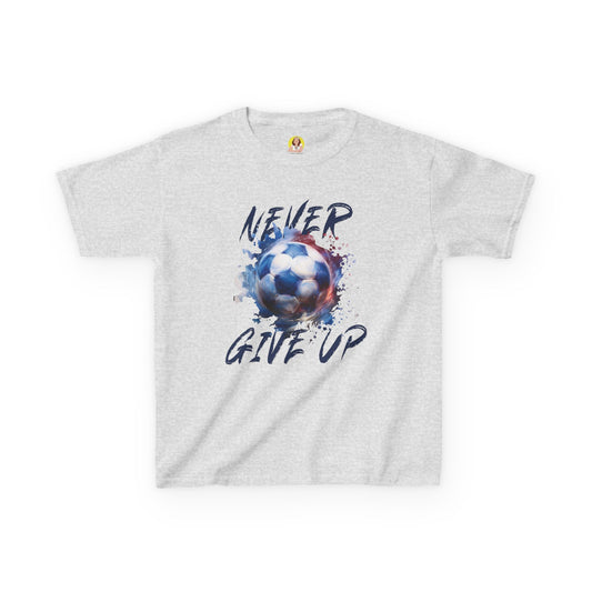 Soccer Motivation Tee - Never Give Up, Kids Heavy Cotton T-Shirt, Sports Shirt, Gift for Young Athletes, Birthday Present, Team Apparel